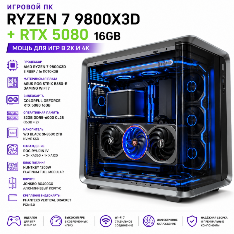 Игровой ПК AMD Ryzen 7 9800X3D + RTX 5080 16 ГБ + 32 ГБ DDR5-6000 + SSD 2 ТБ